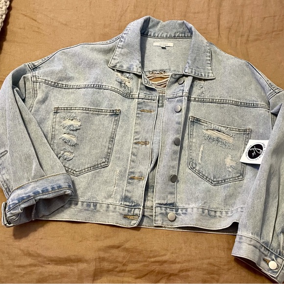 Nwt🔥Vervet Blue Denim Crop Rhinestone Bling Denim Jean Jacket - Picture 4 of 5